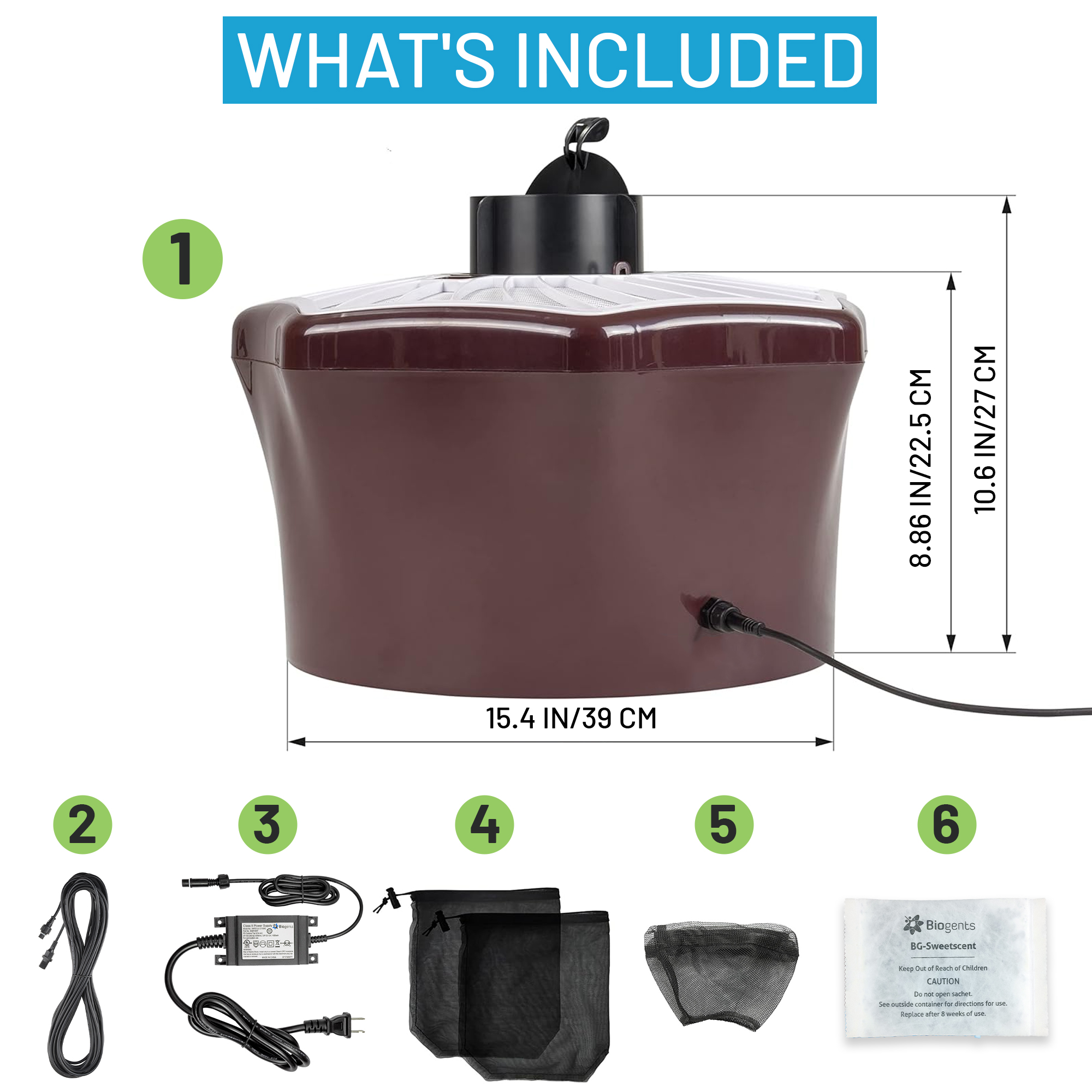 Mosquito trap with power cord, adapter, net bags, and scent pack included.