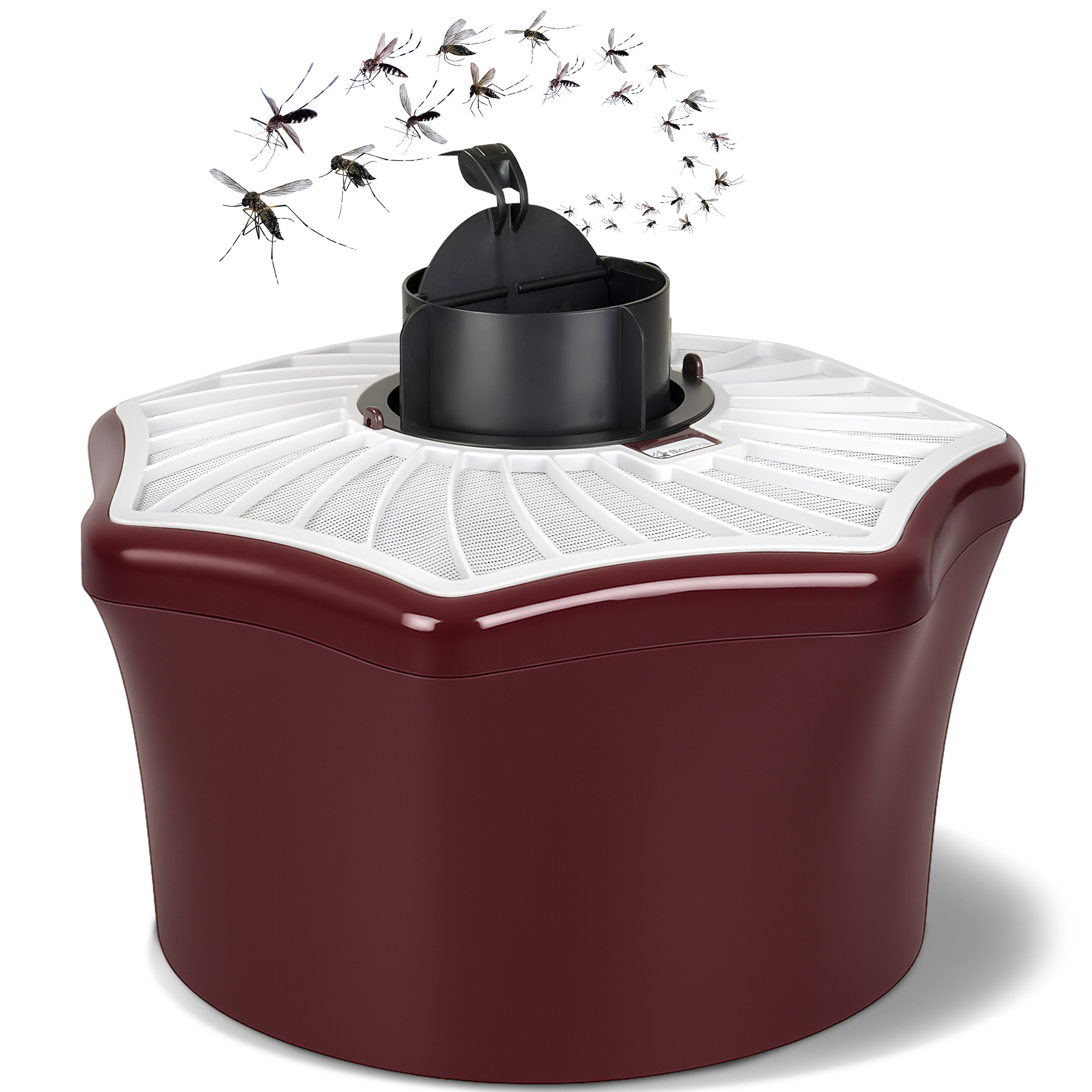 Device capturing flying insects against a white background.