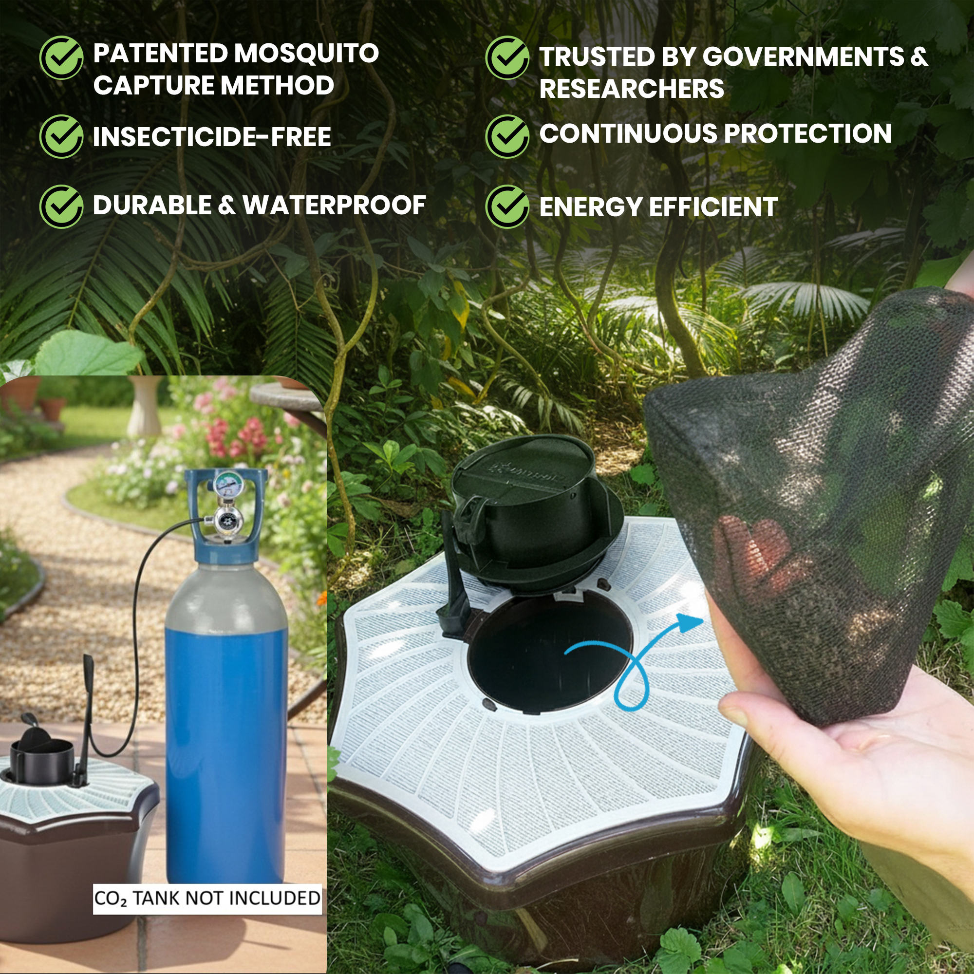 Mosquito trap device with CO2 tank setup in garden, labeled features and hand holding net.