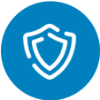 White shield icon on a blue circular background.