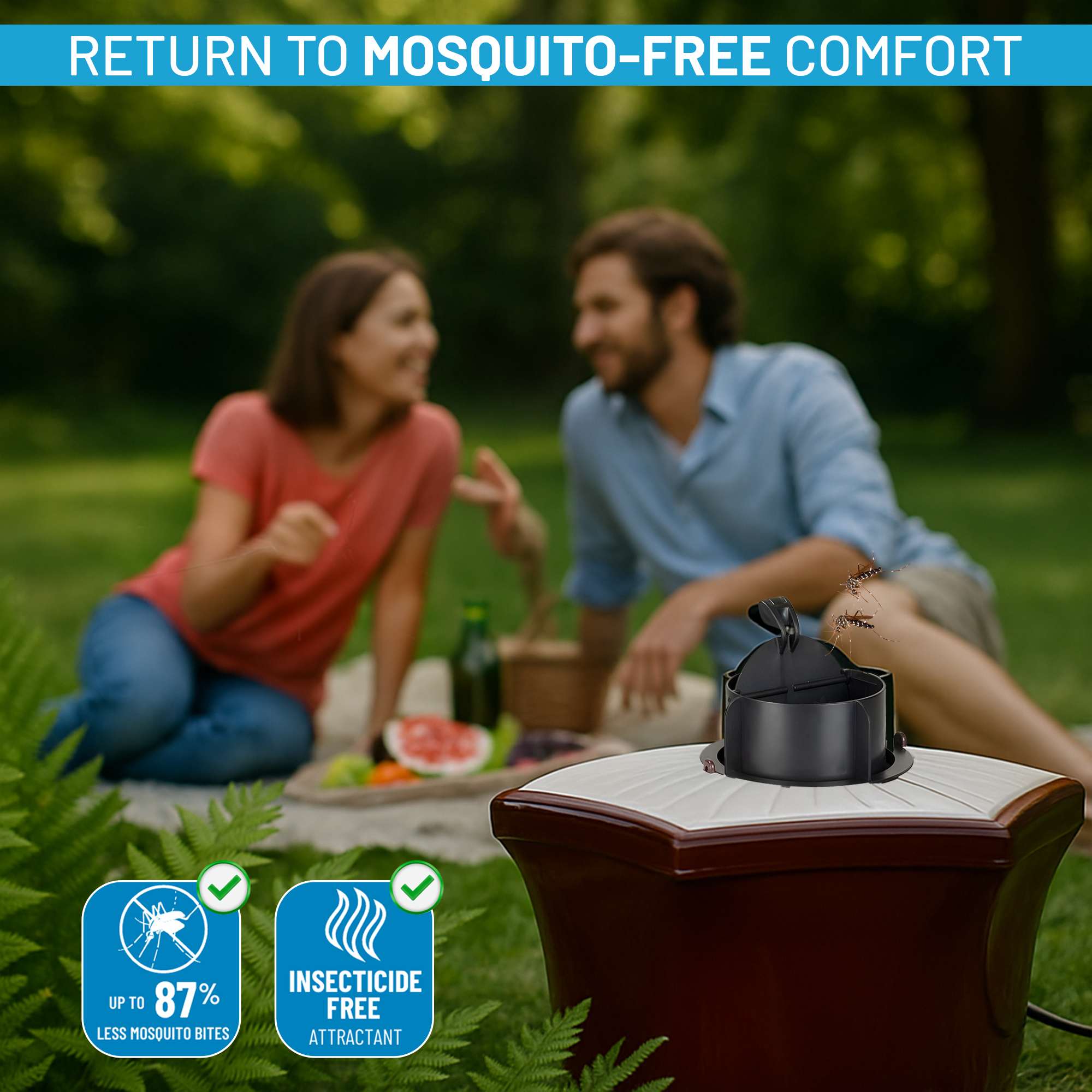 A couple having a picnic with a mosquito trap and text about mosquito-free comfort.
