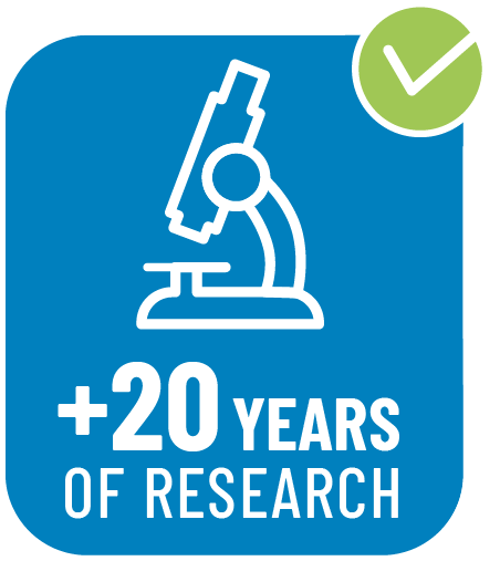 Illustration of a microscope with text: '+20 years of research' and a green checkmark.