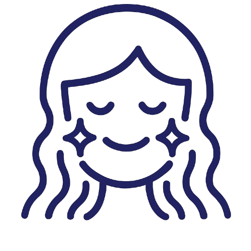 Simple line drawing of a smiling face with wavy hair and stars.