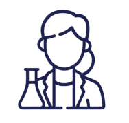 Outline of a scientist with a flask, wearing a lab coat.