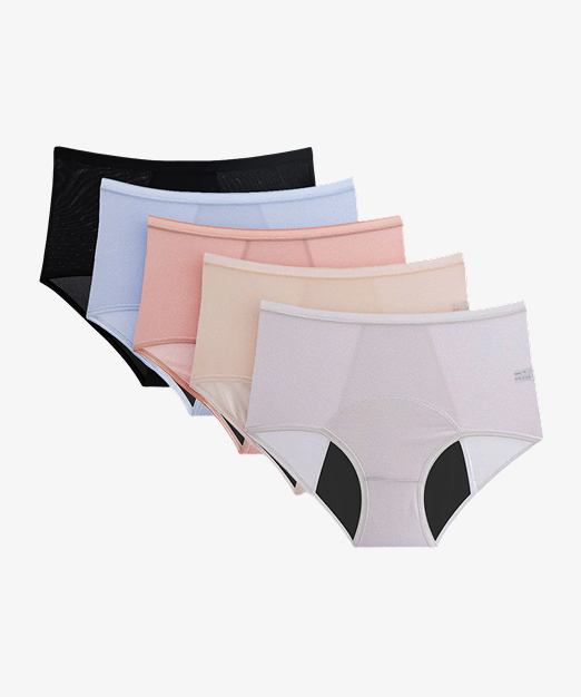 Five pairs of women's underwear in different colors on a white background.