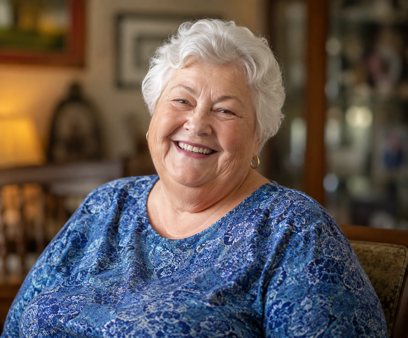 A smiling older woman with short, white hair, wearing a blue patterned shirt and sitting indoors.