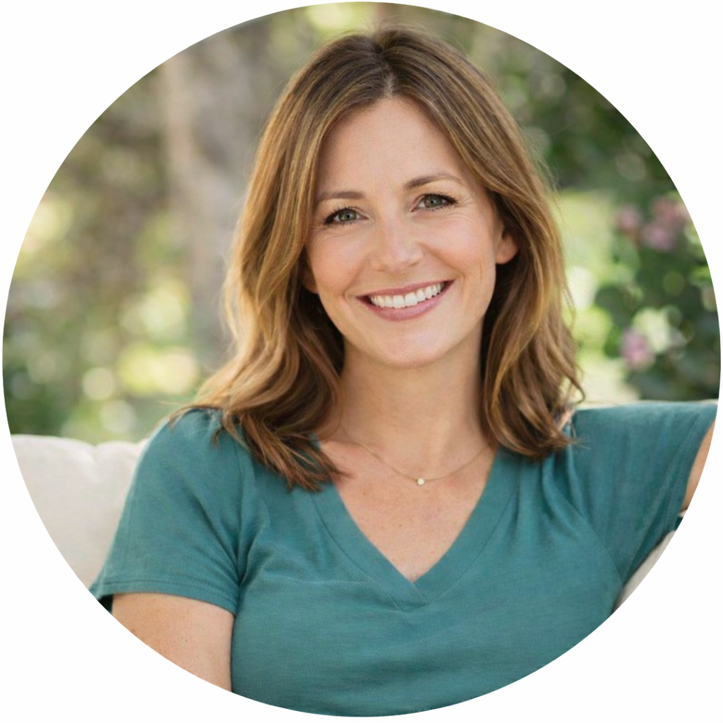 Smiling woman with shoulder-length hair in a green shirt outdoors.