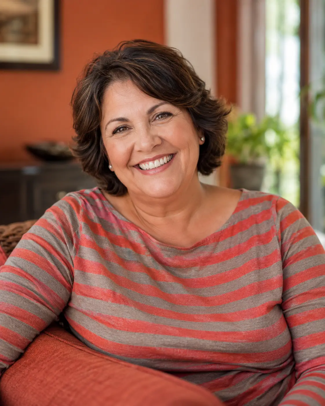 A smiling, middle-aged woman with short brown hair in a striped shirt sits on a red couch.