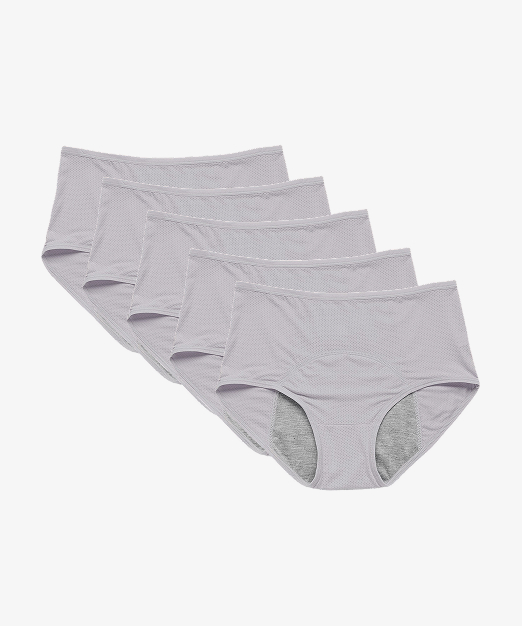 Five pairs of gray women's underwear on a white background.
