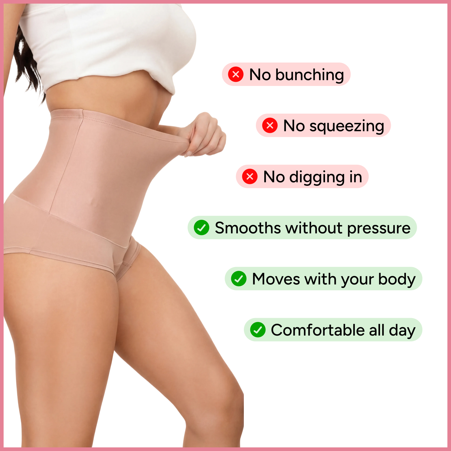 A woman in beige shapewear, with text bubbles listing benefits like no bunching and all-day comfort.