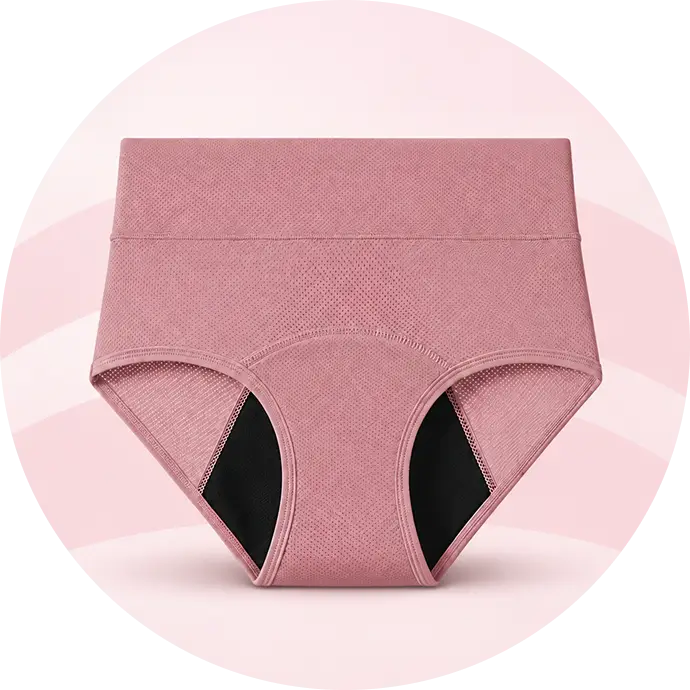 A pair of pink, high-waisted, perforated underwear with a black gusset, seen from the front.