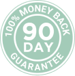 A light green seal that reads '100% Money Back 90 Day Guarantee'.