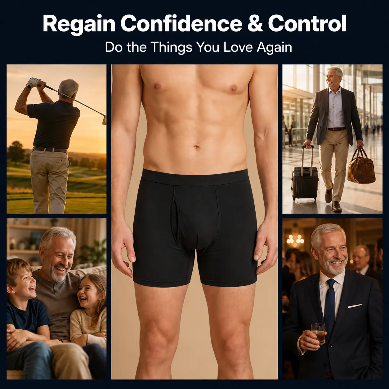 A collage of a man in black boxer briefs, surrounded by photos of an older man enjoying life.