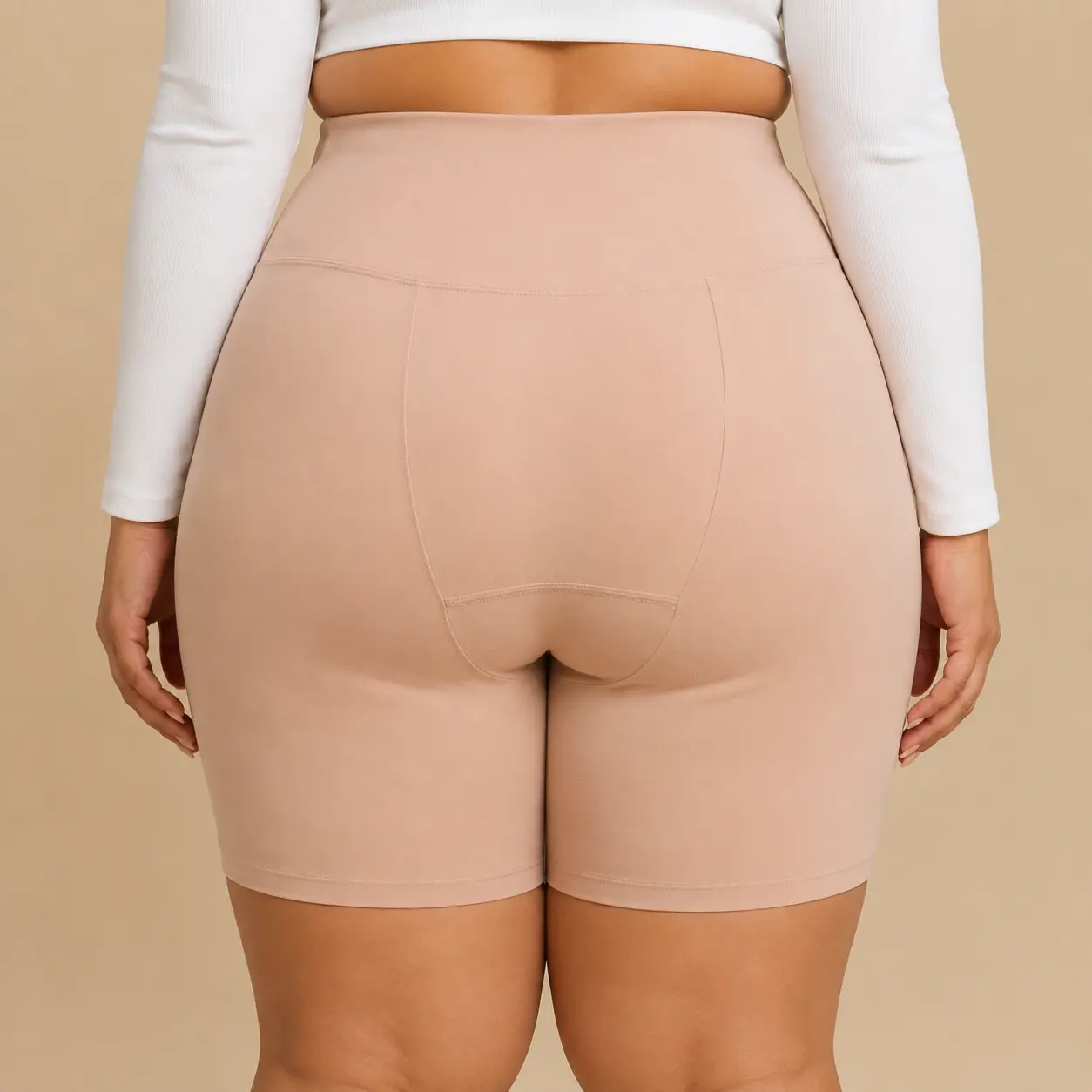 The back of a woman wearing high-waisted, nude-colored shorts and a white long-sleeved crop top.