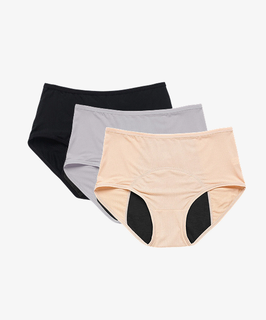 Three pairs of high-waisted underwear in black, gray, and beige.
