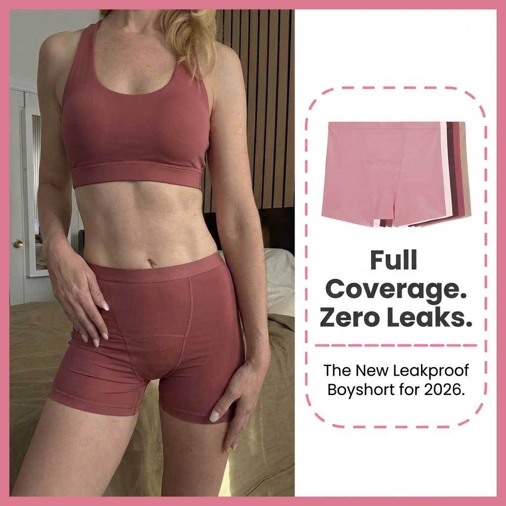 Two women modeling boy-short style underwear, one wearing black and the other wearing pink.