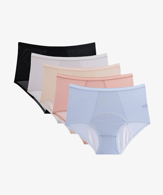 Five pairs of women's underwear in different colors arranged in a row.