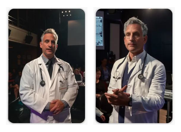 Two side-by-side photos of a male doctor in a white coat with a stethoscope speaking on a stage.