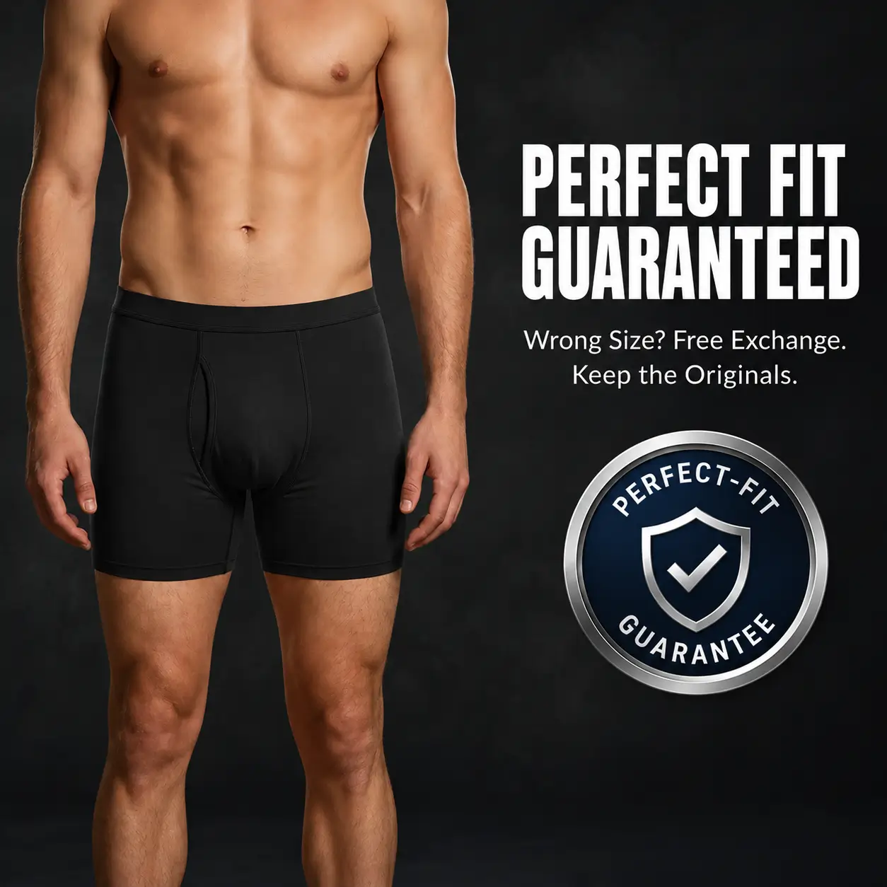 A man wearing black boxer briefs next to text reading 'Perfect Fit Guaranteed'.
