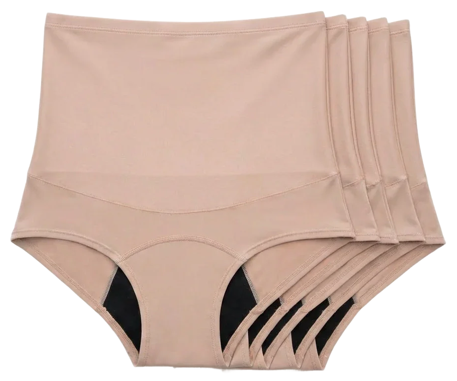 A fanned-out stack of five pairs of beige, high-waisted underwear with black gussets on a white background.