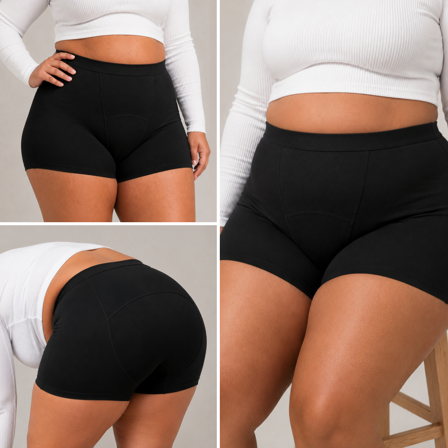 A collage showing a woman in a white top and black boy shorts from different angles.