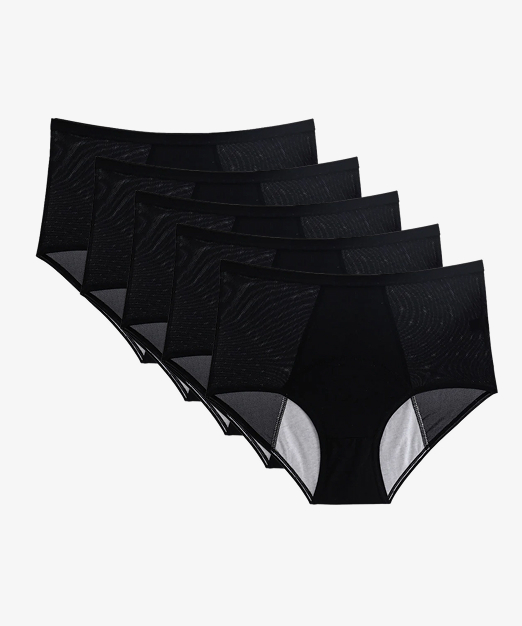 Five black high-waisted underwear pieces arranged in a row.