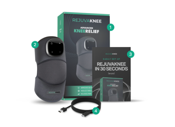 The RejuvaKnee knee relief product, including the brace, box, instruction guide, and charging cable, against a white background.