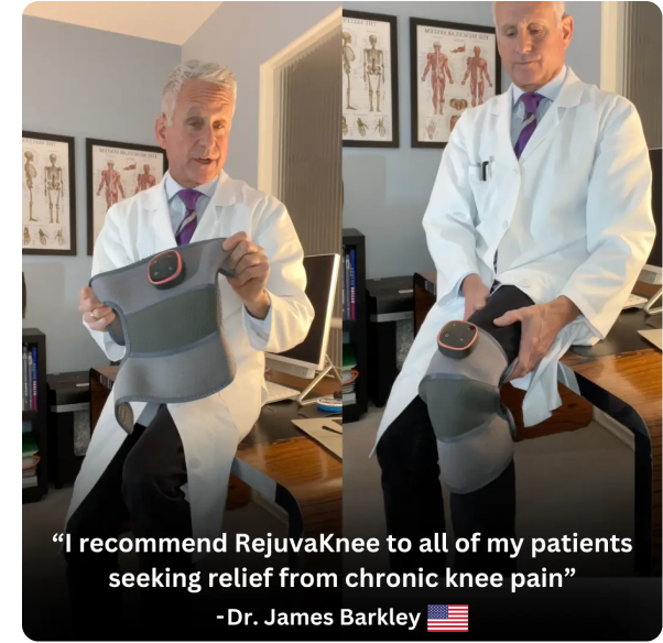 A doctor in a white coat holds a knee brace in one frame and wears it in another.