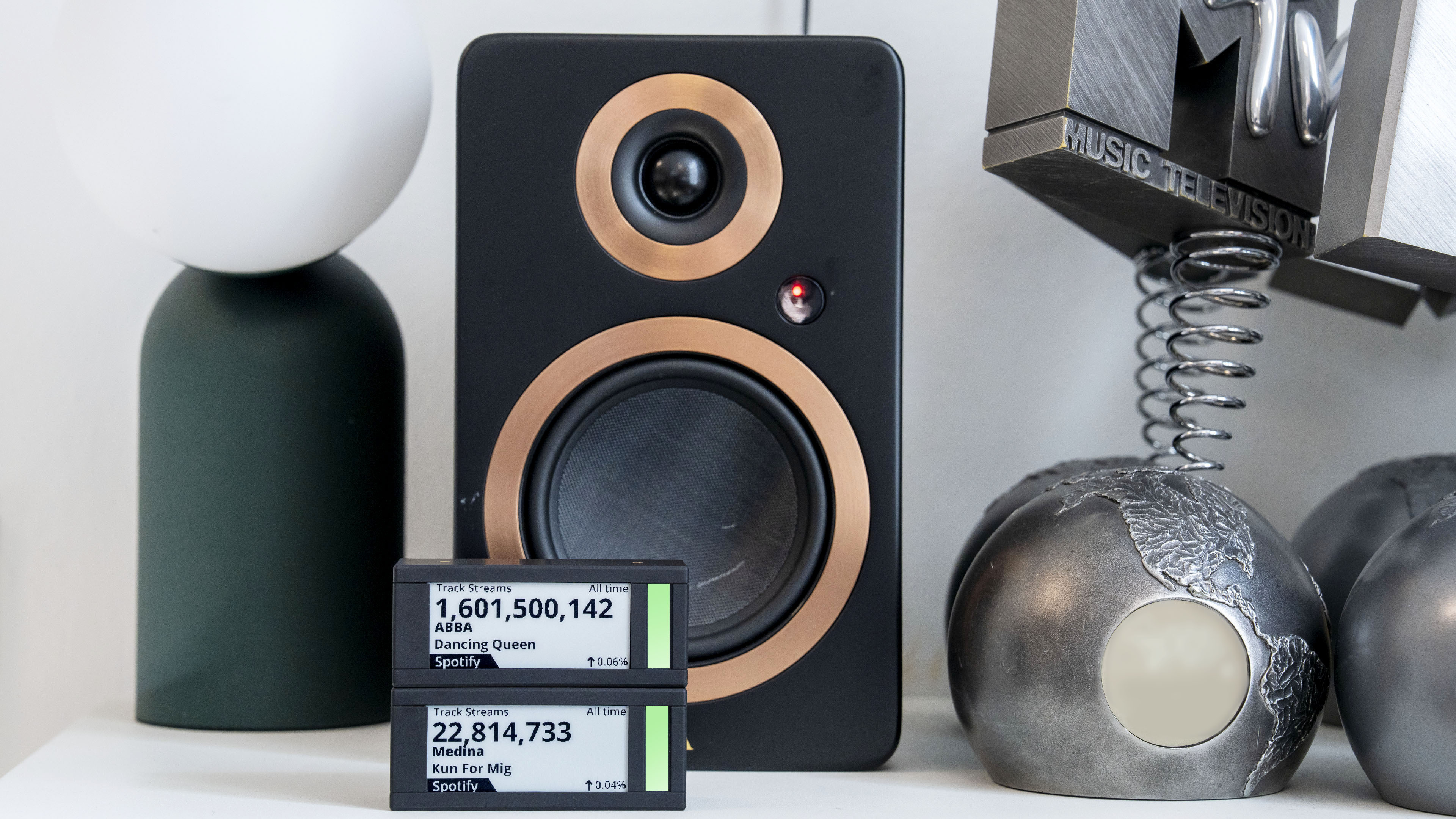 Speaker with copper accents, Spotify stream counters, and MTV award on a shelf.