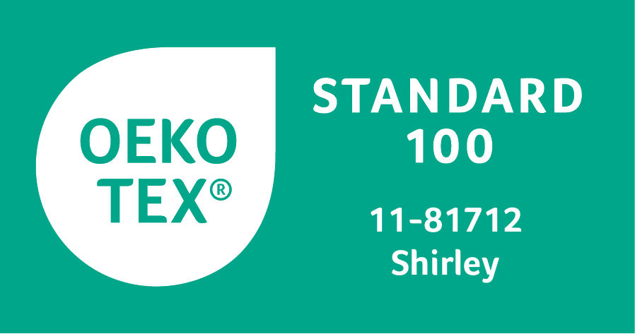 The Oeko-Tex Standard 100 certification label, number 11-81712, issued by Shirley.