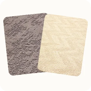 Two overlapping swatches with rounded corners, one a rough gray texture and the other a light beige woven texture.