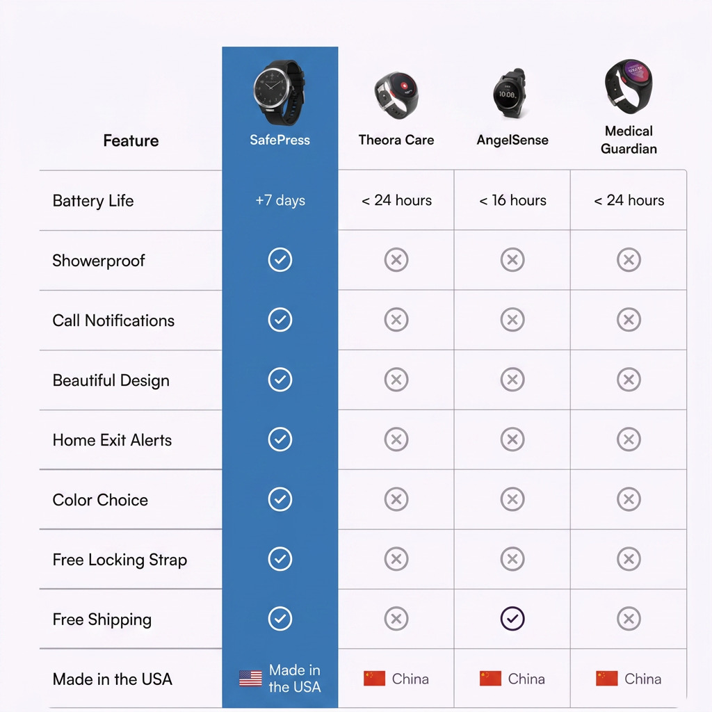 A chart comparing features of the SafePressLife Alert wristband against other pendant-style medical alert devices.