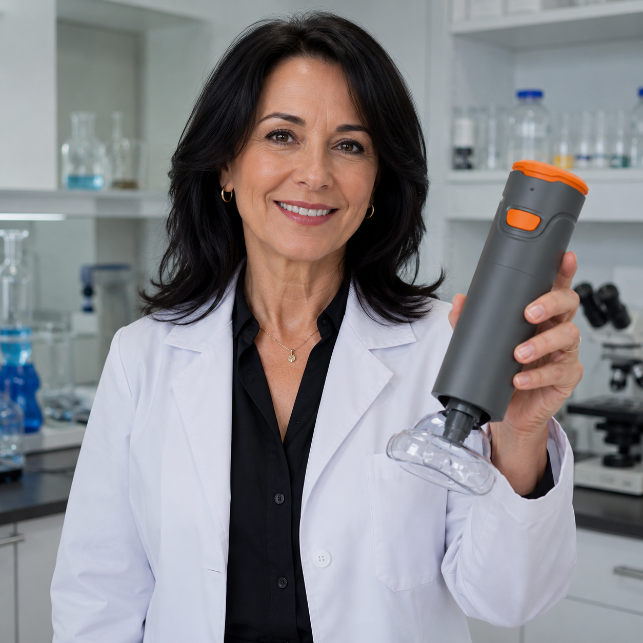 A smiling woman in a white lab coat holds up a handheld grey and orange device in a laboratory.