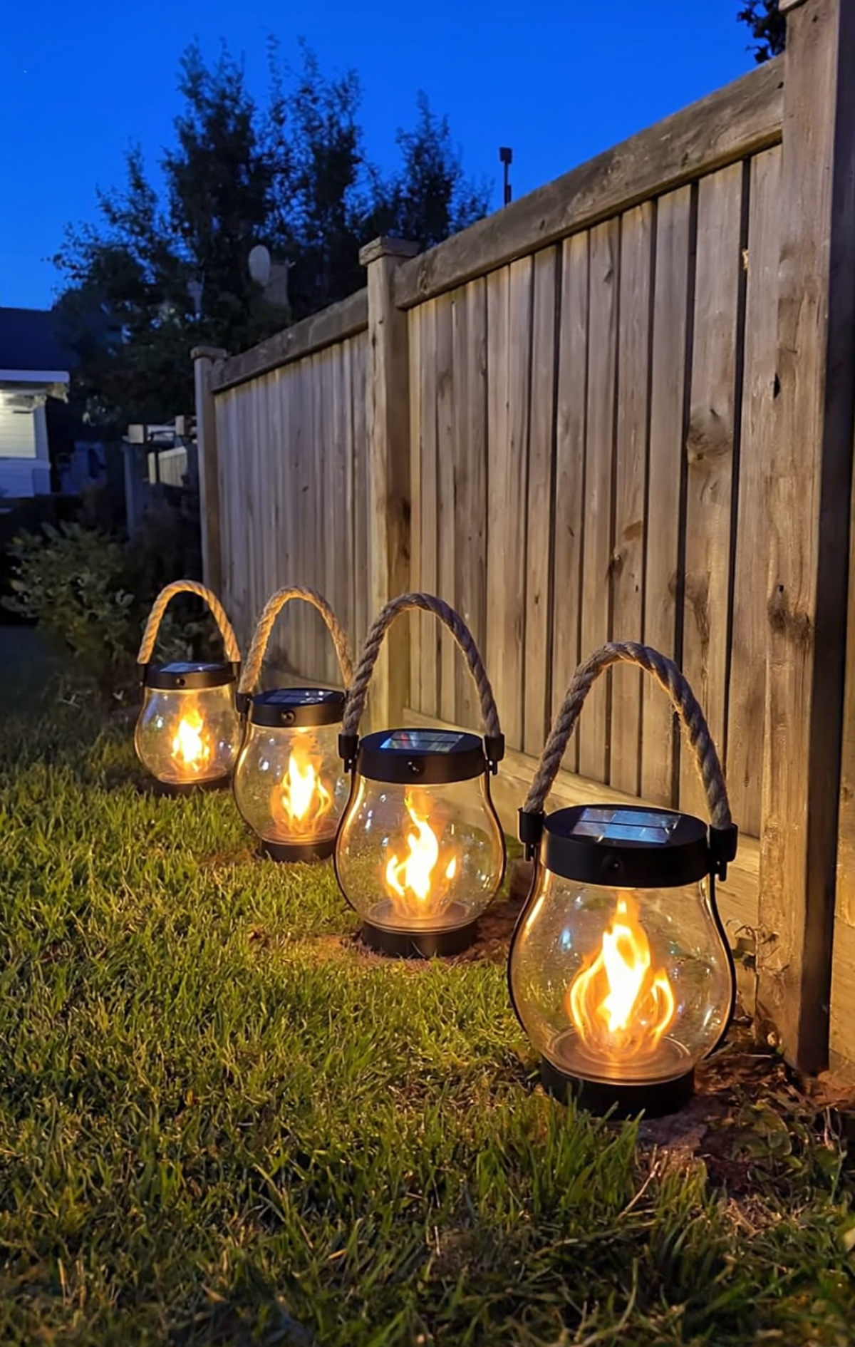 Four lanterns with flames line a wooden fence at dusk.