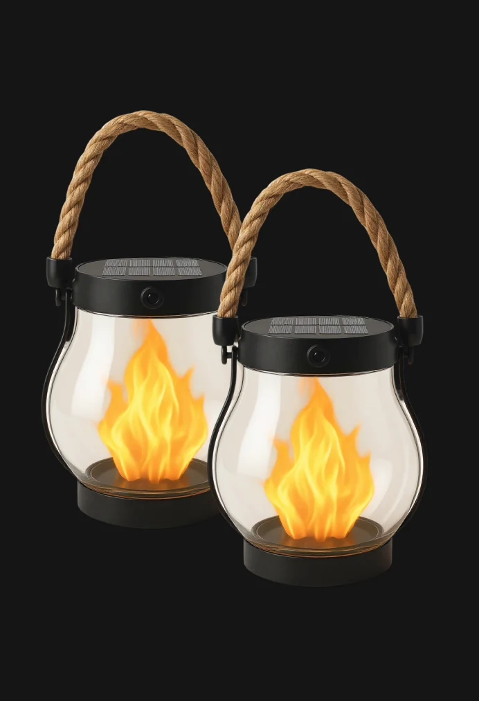 Two lanterns with rope handles and glowing flame designs inside on a black background.