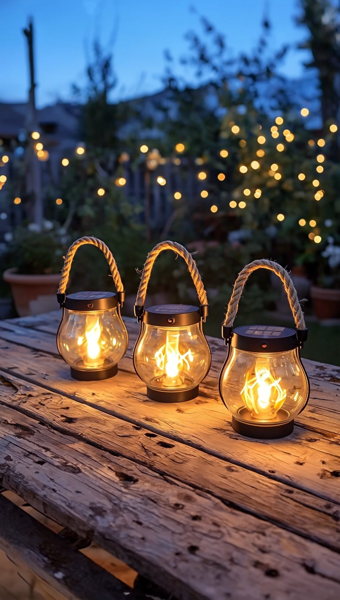 Three lanterns on a wooden table with string lights in the background.
