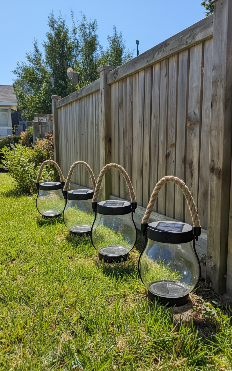 Four solar lanterns on grass beside a wooden fence.