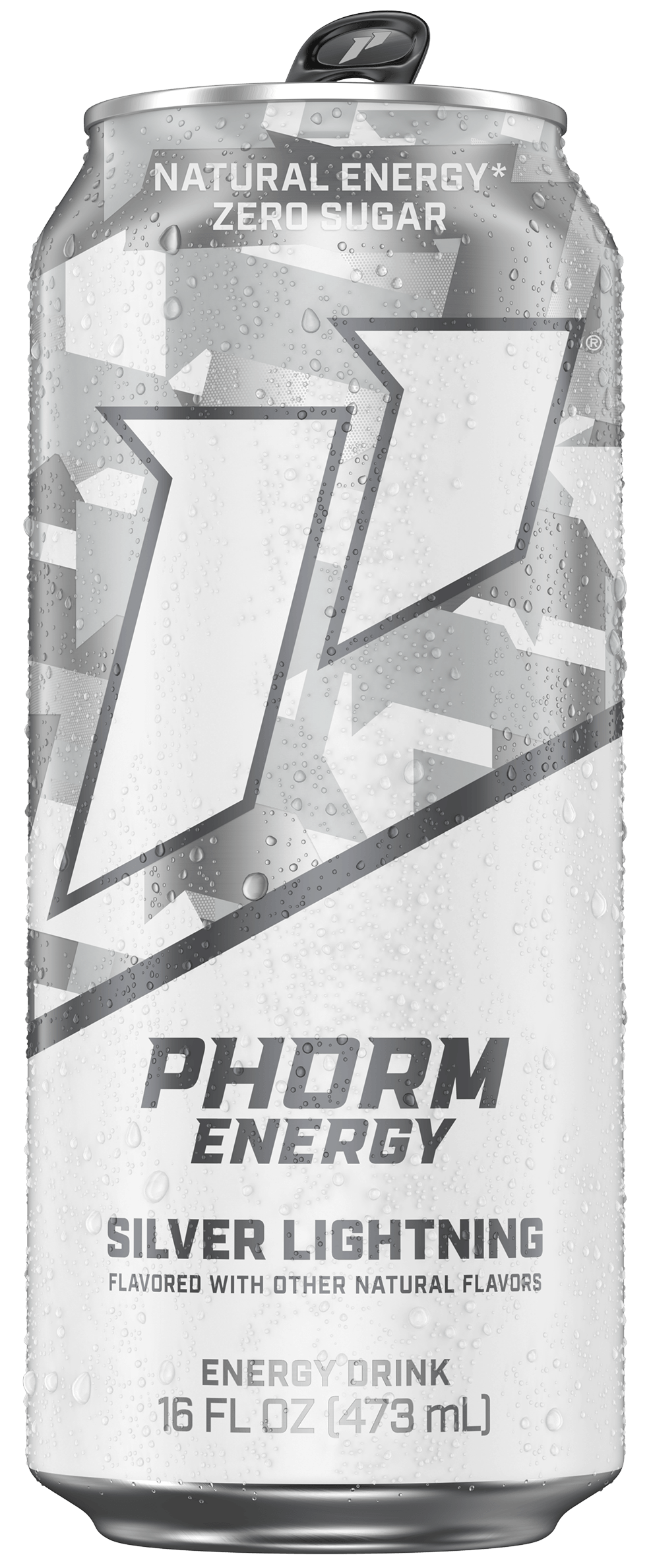 A silver and white can of Phorm Energy Silver Lightning energy drink covered in condensation.