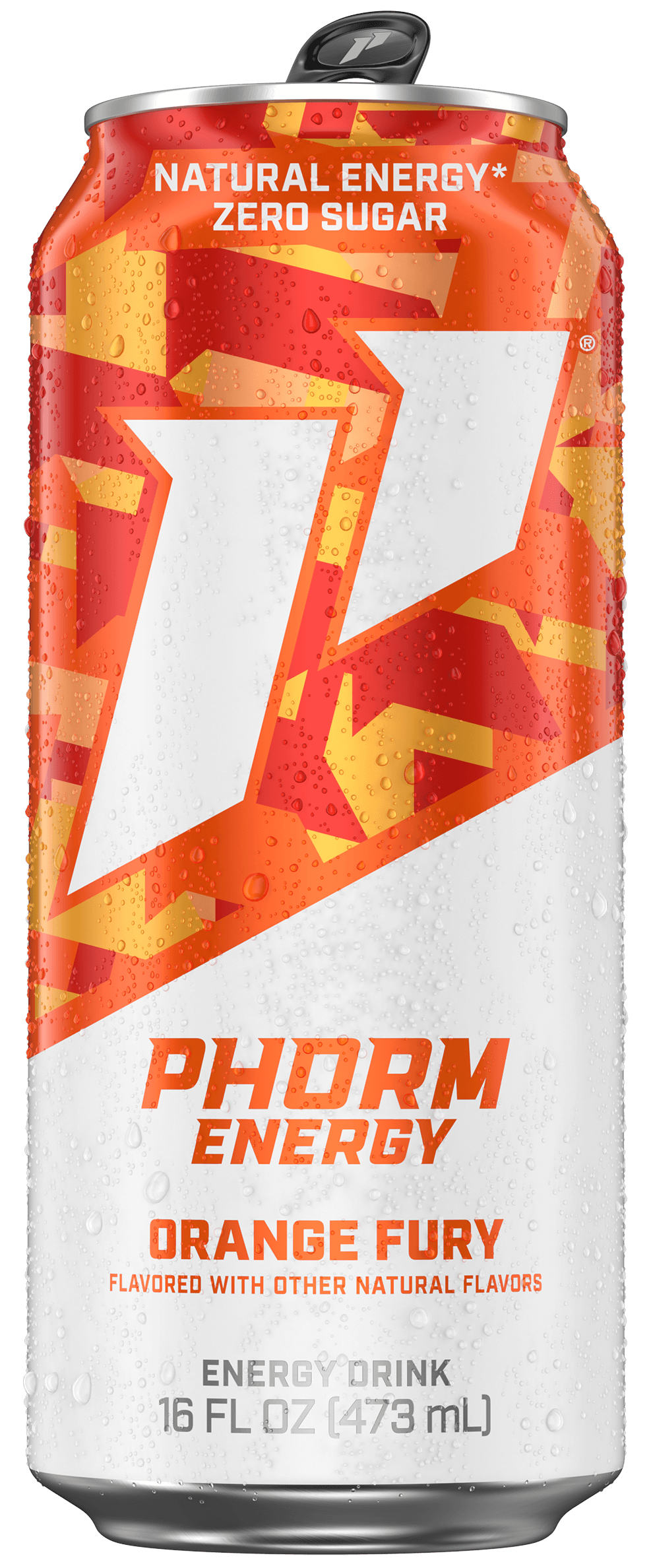 A 16oz can of Phorm Energy's Orange Fury energy drink, covered in condensation droplets against a white background.