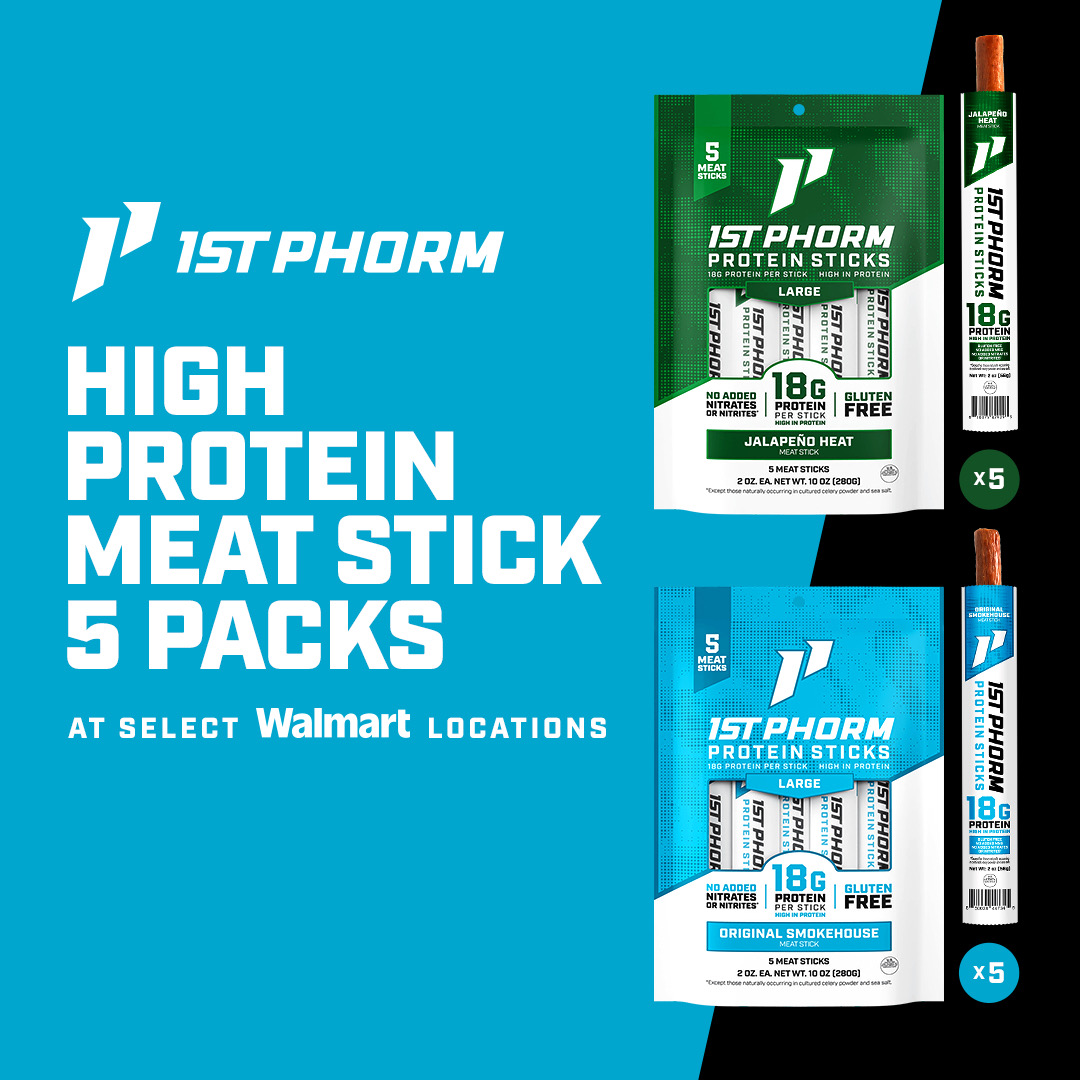 An advertisement for 1st Phorm High Protein Meat Sticks in Jalapeño Heat and Original Smokehouse flavors.