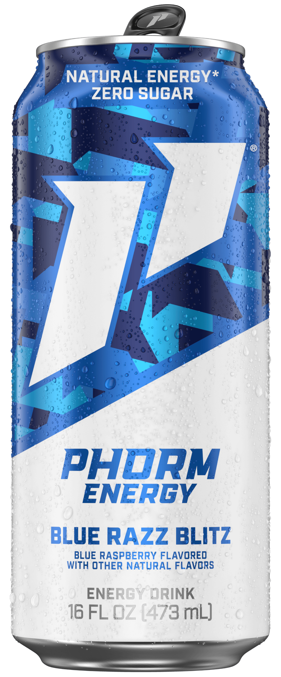 A wet can of Phorm Energy's Blue Razz Blitz, a zero-sugar blue raspberry flavored energy drink.