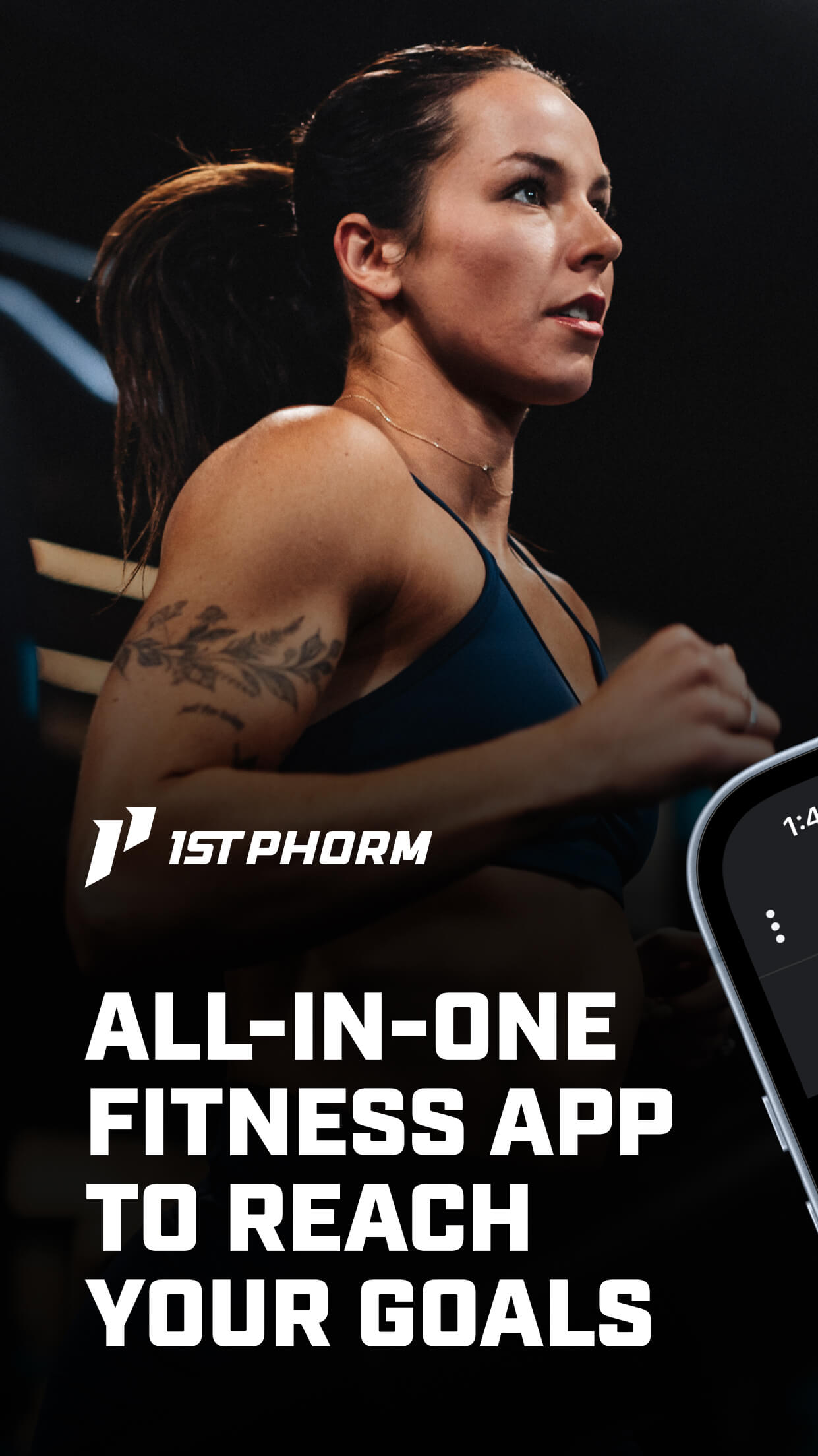 Woman exercising with '1st Phorm' text promoting a fitness app.