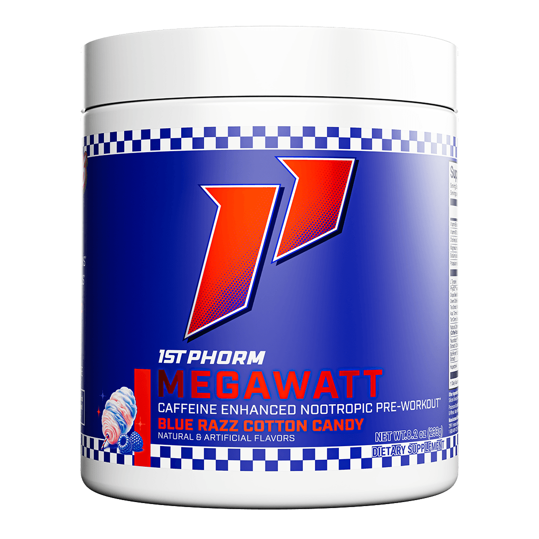 A white tub of 1st Phorm Megawatt pre-workout dietary supplement in Blue Razz Cotton Candy flavor.