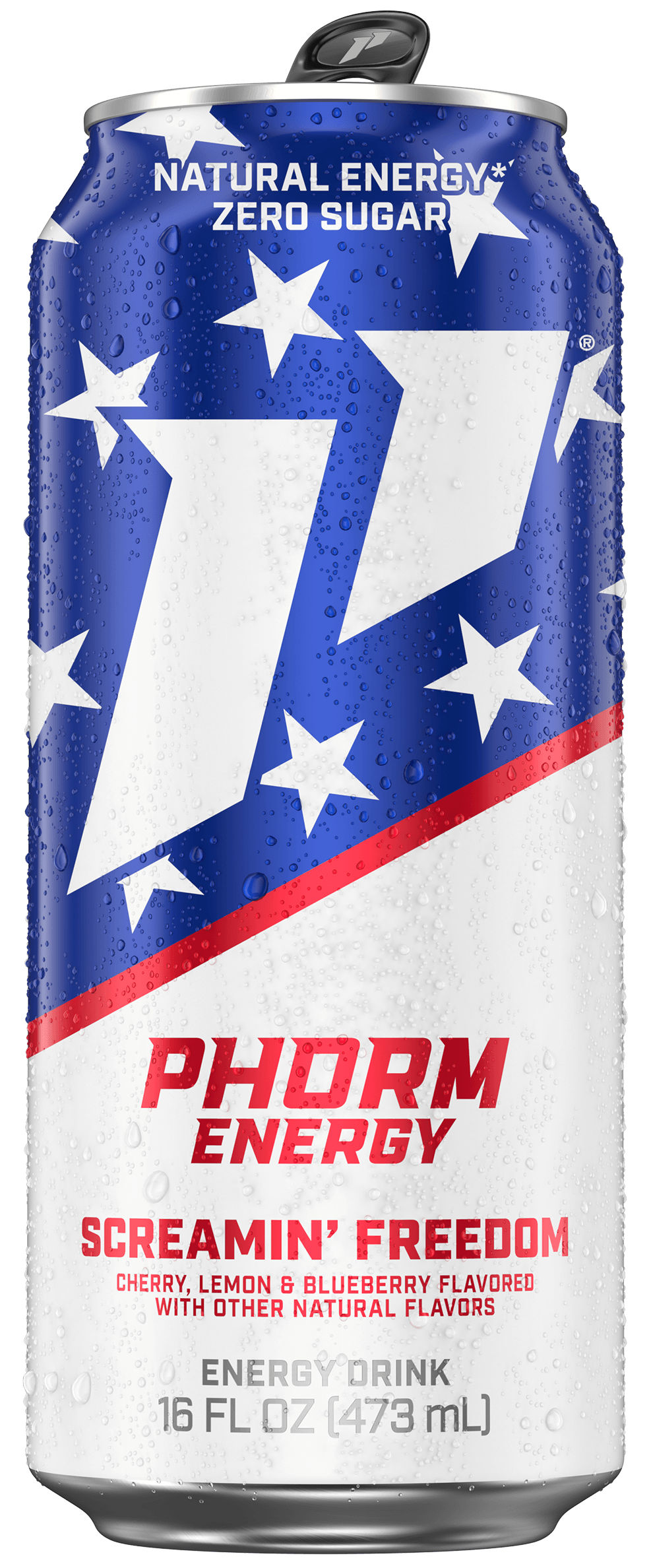 A can of Phorm Energy's Screamin' Freedom flavor, with a patriotic red, white, and blue star design.