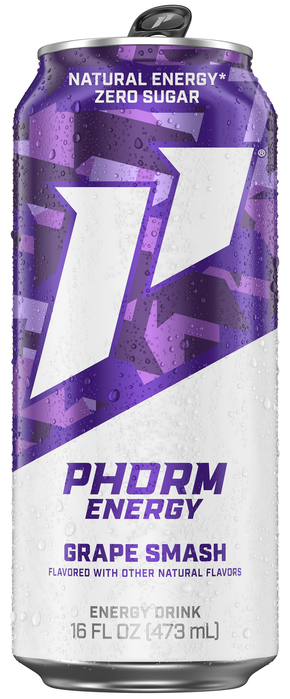 A purple and white can of Phorm Energy Grape Smash energy drink, covered in condensation.