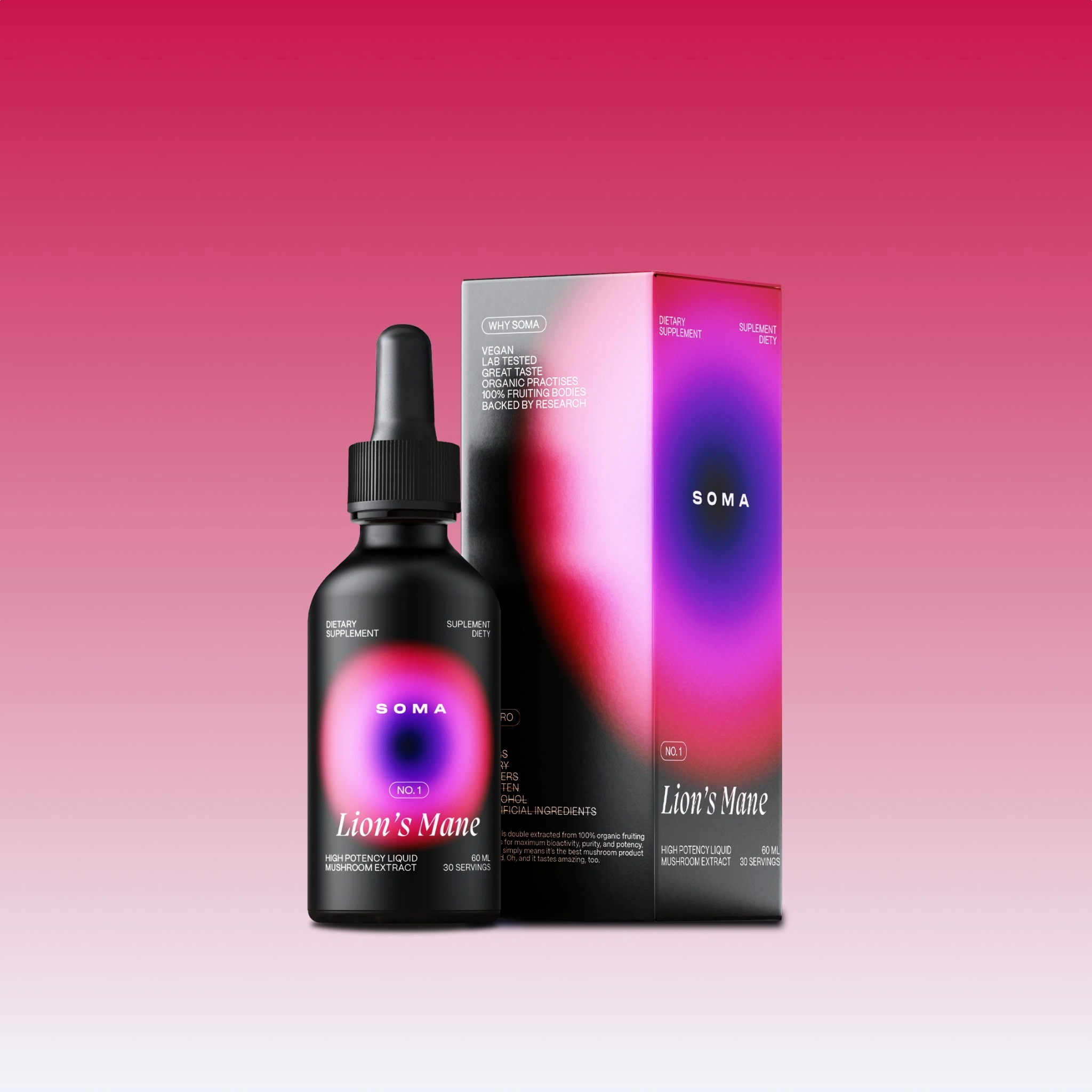 Lion's Mane supplement bottle and box with pink gradient background.