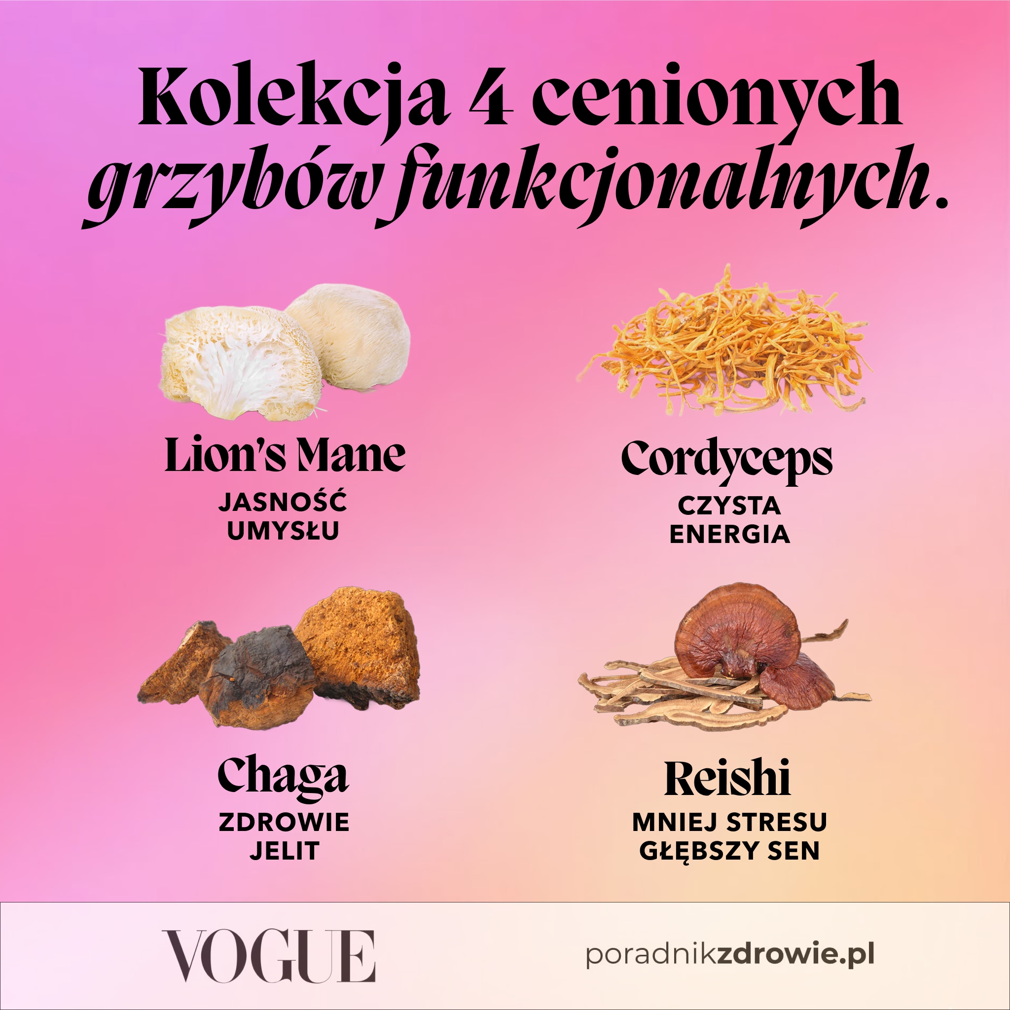 Four functional mushrooms labeled: Lion's Mane, Cordyceps, Chaga, Reishi, with benefits in Polish.