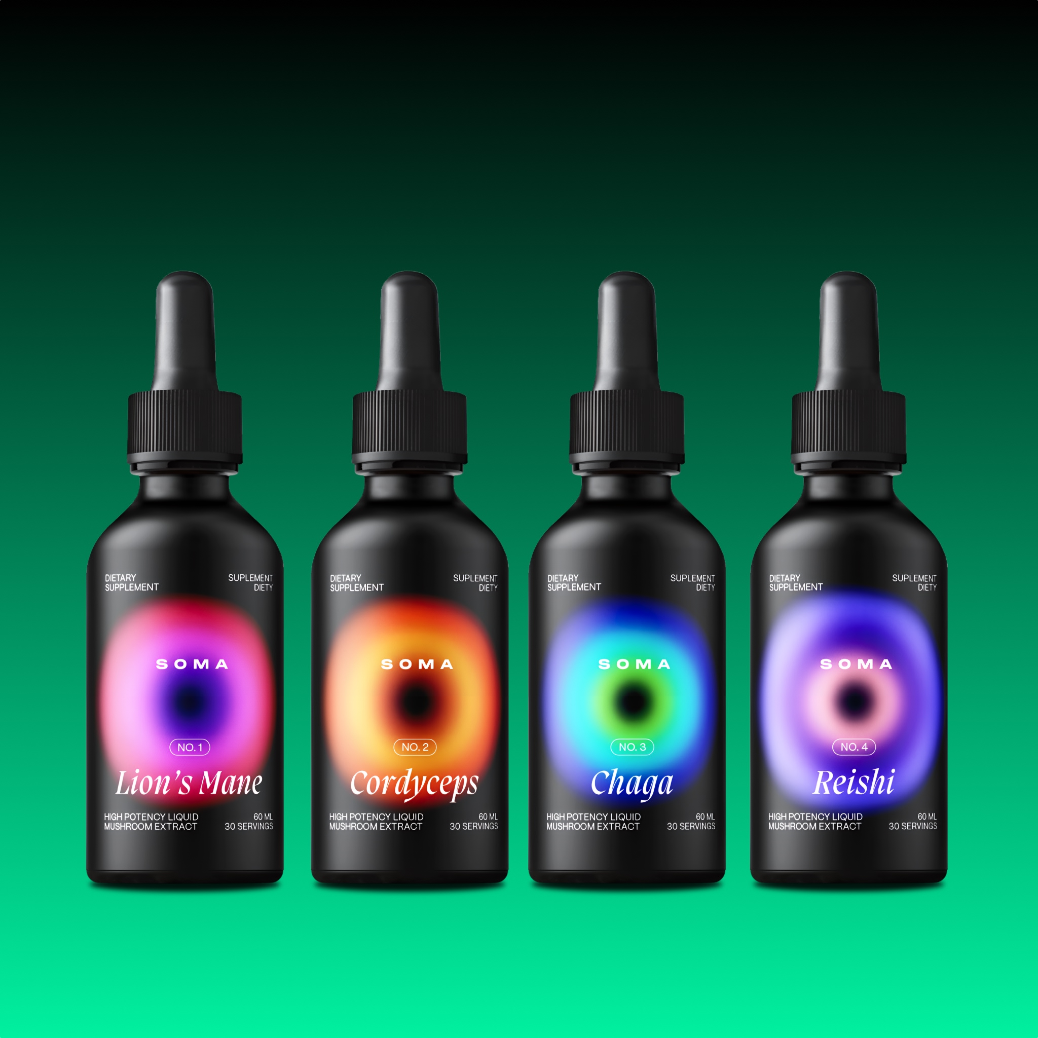 Four bottles of mushroom dietary supplements on a green gradient background.