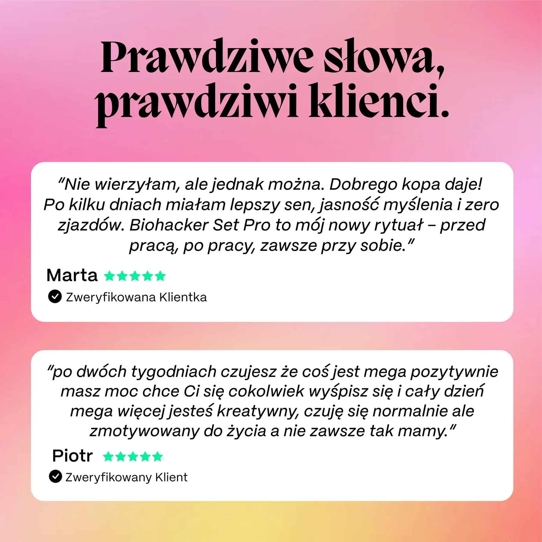 Two customer reviews with a pink and yellow gradient background.