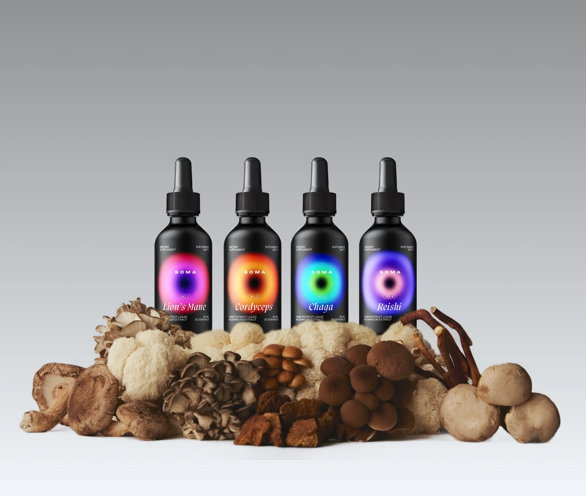 Four supplement bottles with mushroom varieties displayed in front of them.